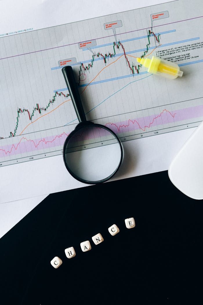 about-us-02 A conceptual still life of a stock chart with magnifying glass and 'chance' text.